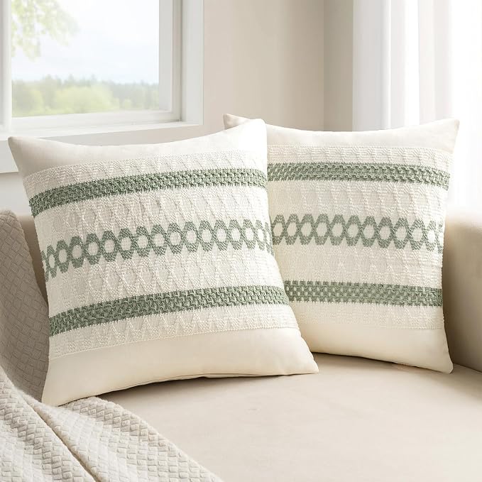 MIULEE Set of 2 Sage Green Boho Decorative Pillow Covers 16x16 Inch Farmhouse by MIULEE