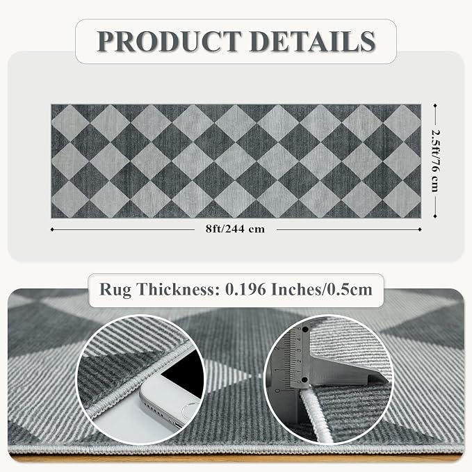 Beeiva Checkered Print Hallway Runner Rug 2.5x8, Ultra Thin Kitchen Runner Rugs - Image 5