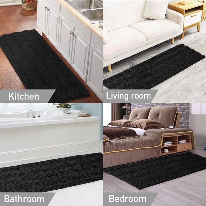 Turquoize Luxurious Non-Slip Shaggy Chenille Kitchen Runner Black Kitchen Rug - Image 6