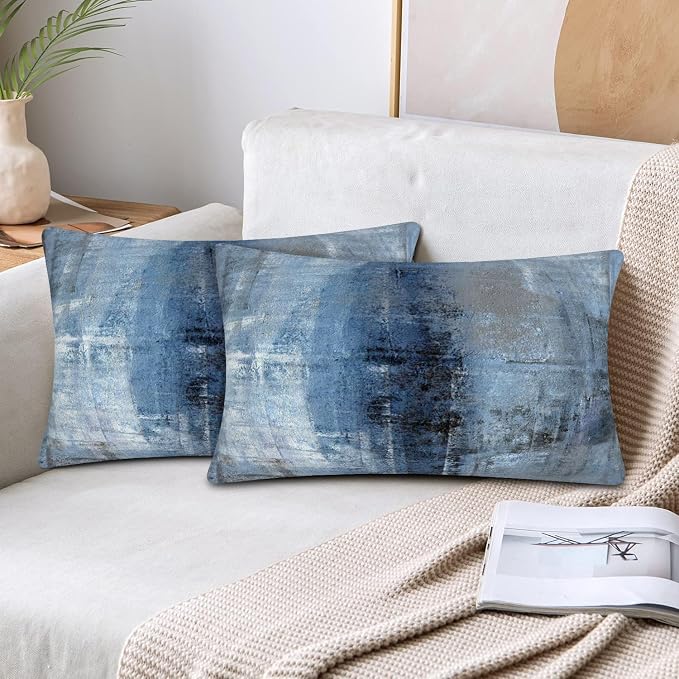Blue and Grey Abstract Art Artwork Pillow Cover, Gallery Modern Decorative - Image 2