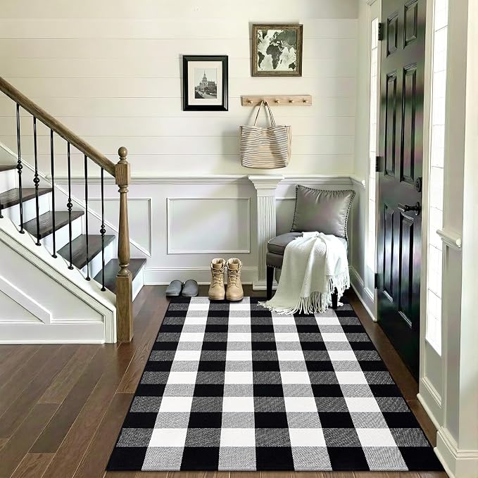 OLANLY Buffalo Plaid Rug 3' x 5' – Black and White Cotton Checkered Doormat - Image 7