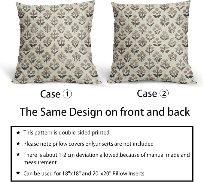 Black Brown Floral Block Print Pillow Covers 18x18 Inch Set of 2, Vintage - Image 6