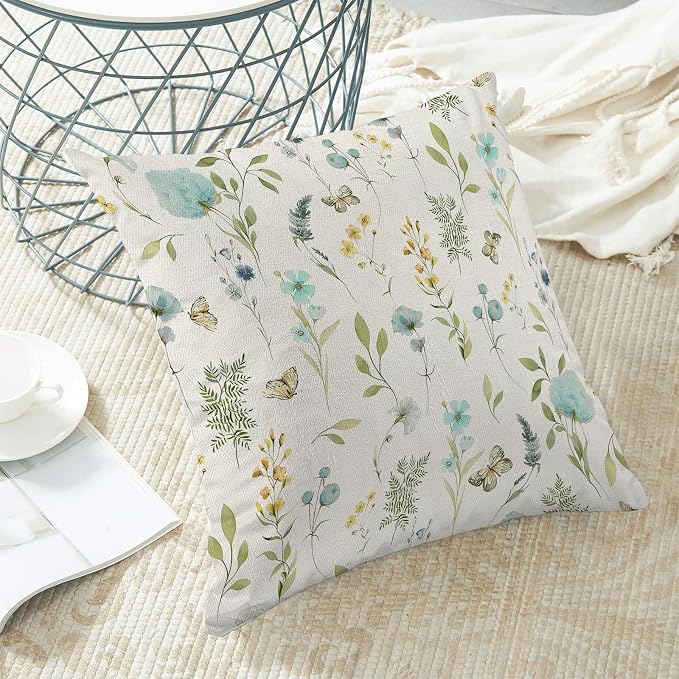 Spring Pillow Covers 16x16 Inch Set of 2, Aqua Teal Sage Green Wild Flower - Image 4