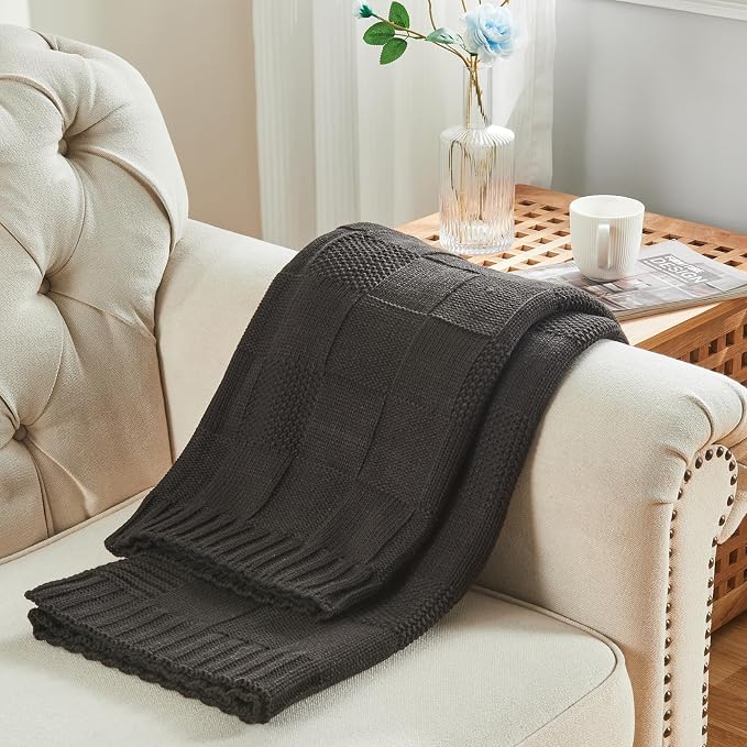 CozeCube Check Knit Throw Blanket, Jet Black Checkered Throw - Image 5