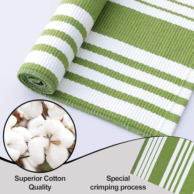 OLANLY Green and White Classic Striped Rug 3' x 5' – Washable Cotton Indoor - Image 5
