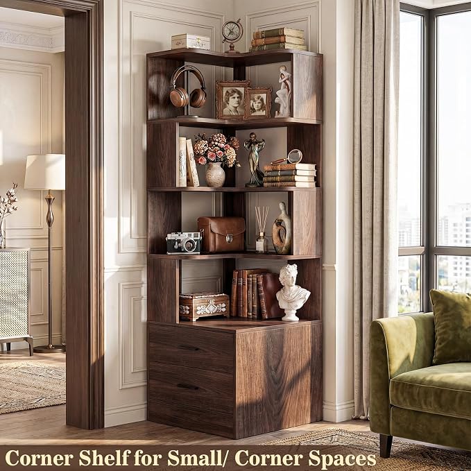Armocity Corner Bookshelf with Drawers, 7 Tier Corner Book Shelf Display - Image 2
