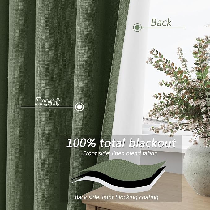 Guken Olive Green 100% Blackout Curtains 63 Inch Length 2 Panels Set - Image 4