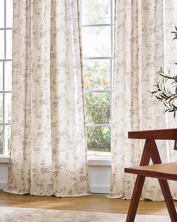 Lazzzy Grey Floral Linen Curtains 90 Inch Farmhouse Back Tab Drapes - Image 7