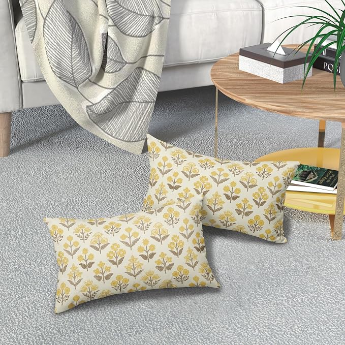 Brown Yellow Floral Pillow Covers 12x20 Inch Set of 2, Block Print Lumbar - Image 7