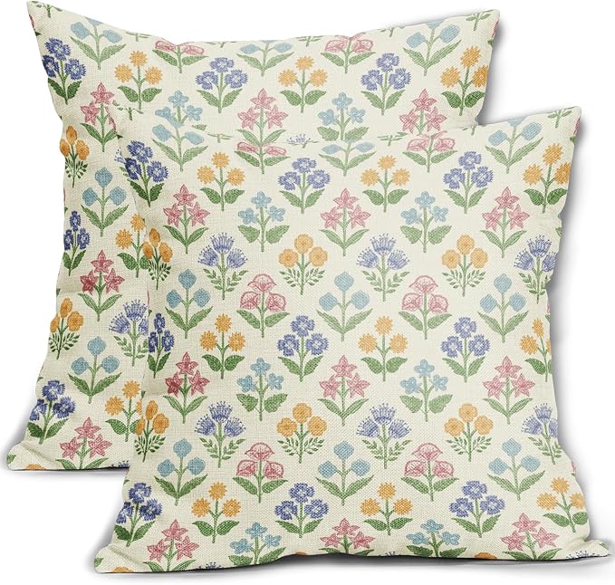 Spring Floral Easter Block Print Pillow Covers 20x20 Inch Set of 2 by Sivirary