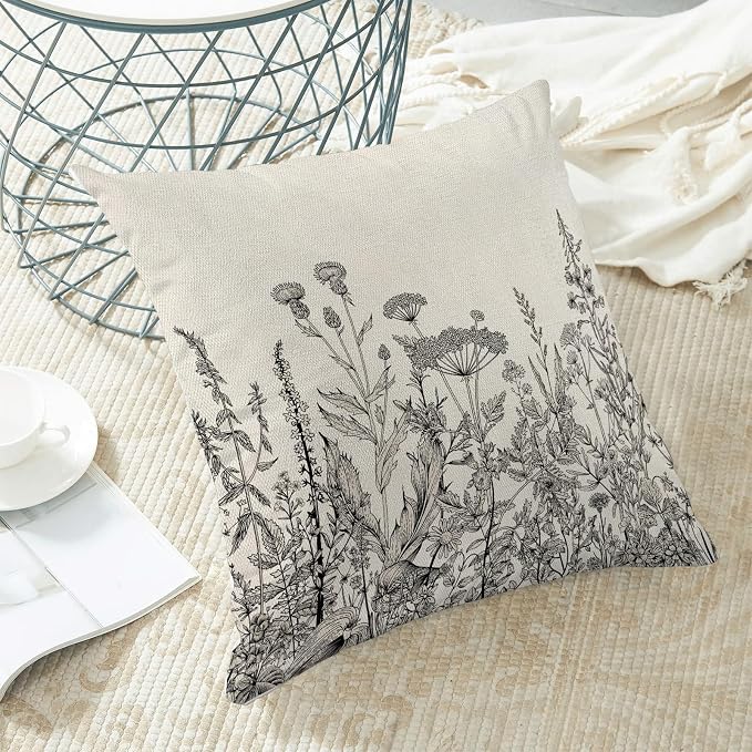 AEIOAE Black White Gray Pillow Covers 22x22 Inch Set of 2, Spring Wildflower - Image 4