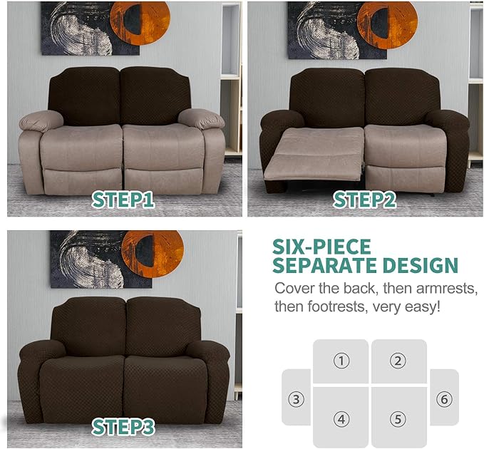 YEMYHOM 6 Pieces Stretch Loveseat Recliner Slipcover Jacquard Recliner Sofa - Image 7
