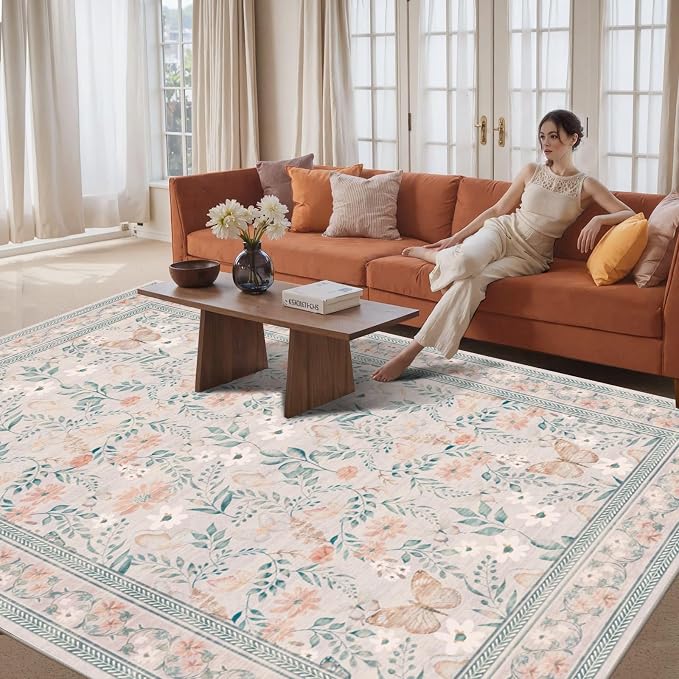 Rugxara 8x10 Pink Rugs for Bedroom Girls, Floral Washable Rug, Boho Area Rug - Image 2