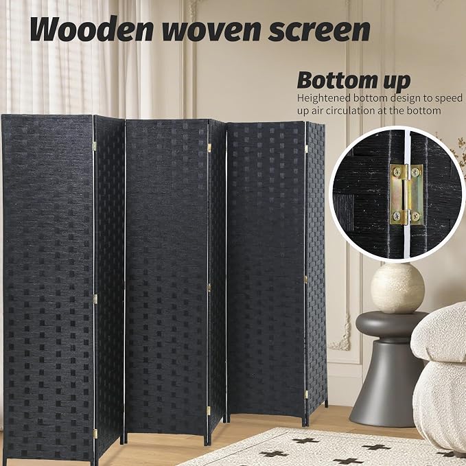 FDW Room Divider 6 Panels Wood Mesh Hand-Woven Design Indoor Folding Portable - Image 3