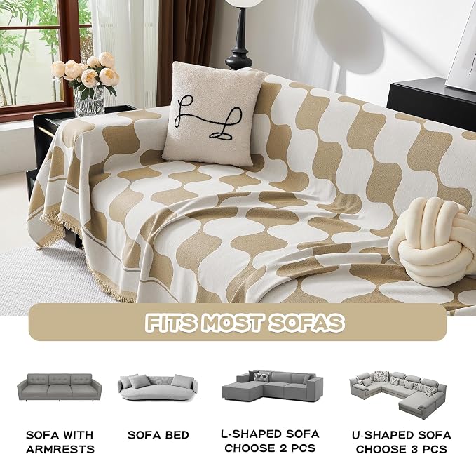 MEETSKY Couch Cover Modern Khaki White Plaid Jacquard Sofa Slipcover U Shape - Image 3