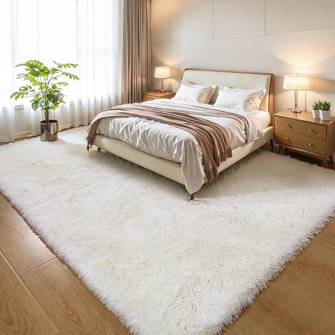 KCHOWUA Cream White Fluffy Shag Rug - Image 6