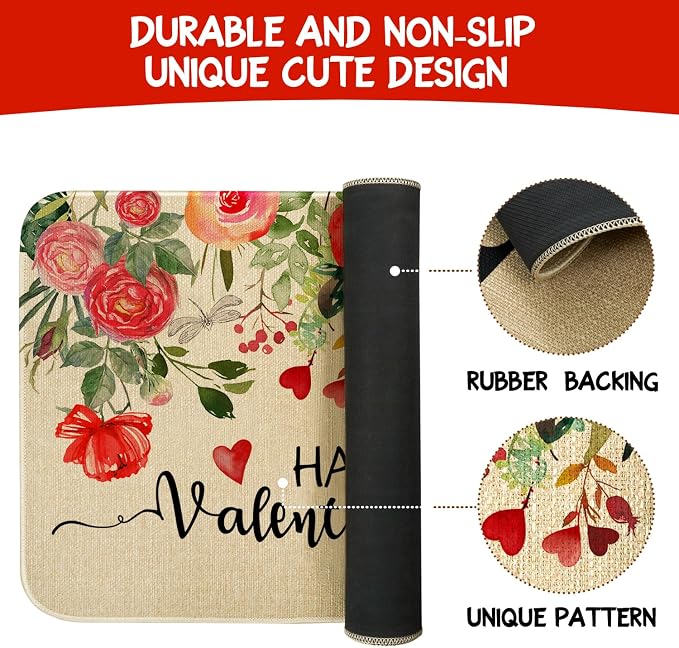 Valentines Day Door Mat, Floral Love Hearts Red Rose Flowers Indoor Outdoor - Image 7