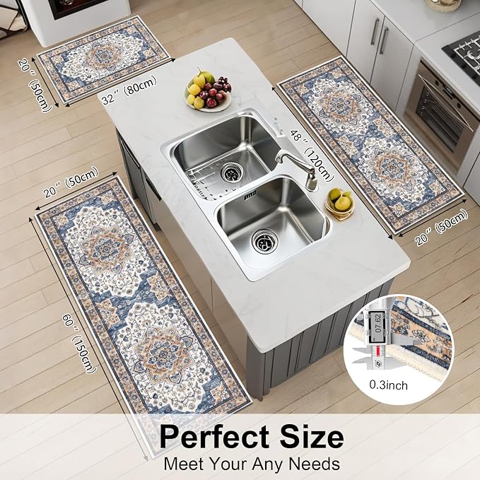 HEBE Farmhouse Kitchen Rugs Sets of 3 Non Slip Washable Boho Kitchen Rugs and - Image 2