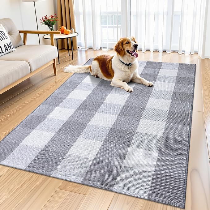 OLANLY Buffalo Plaid Rug 3' x 5' – Grey and White Cotton Checkered Doormat - Image 8