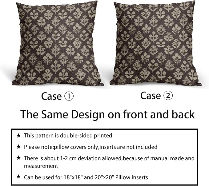 Dark Brown Floral Pillow Covers 22x22 Inch Set of 2, Vintage Flower Block Print - Image 6