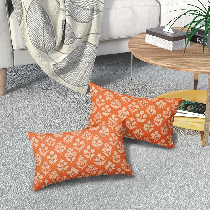 Orange Pillow Covers 12x20 Inch Set of 2, Cream Floral Block Print Pattern - Image 7
