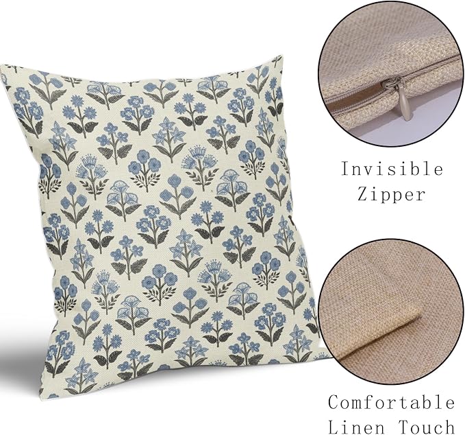 Black Blue Floral Block Print Pillow Covers 16x16 Inch Set of 2, Vintage Flower - Image 4