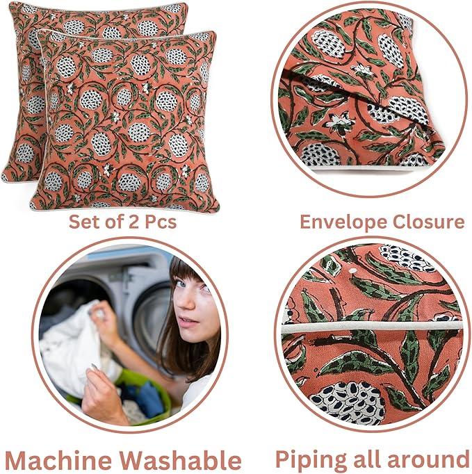 Ridhi Block Print Dark Salmon Pink Pillow Cover 18" x 18" Decorative Couch - Image 3