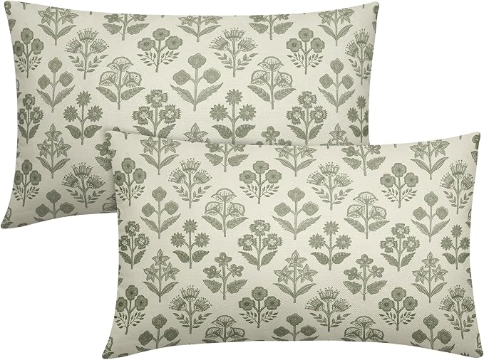 Sage Green Floral Pillow Covers 12x20 Inch Set of 2, Block Print Lumbar Flower by Sivirary