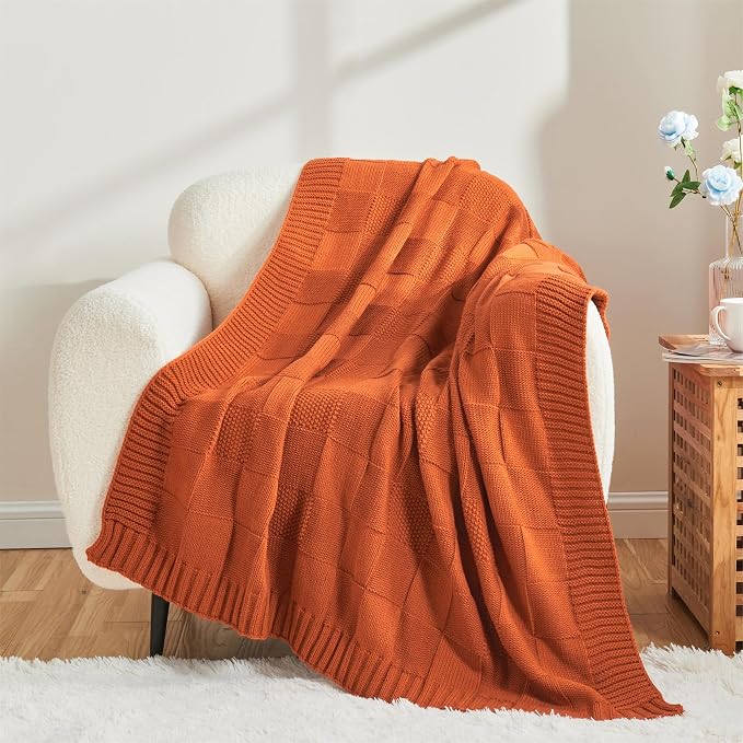 CozeCube Check Knit Throw Blanket, Rust Orange Checkered Throw - Image 6