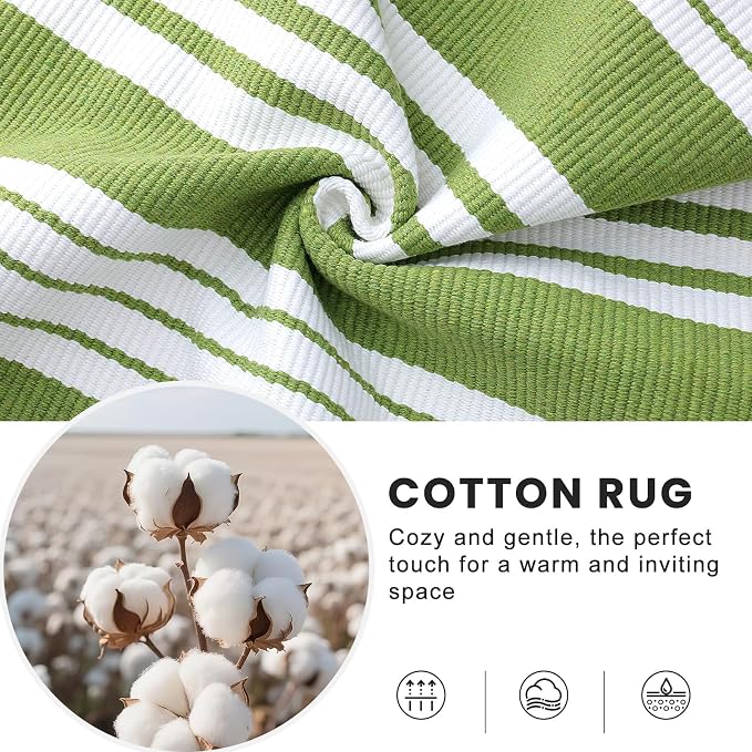 OLANLY Green and White Classic Striped Rug 2' x 3' – Washable Cotton Indoor - Image 3