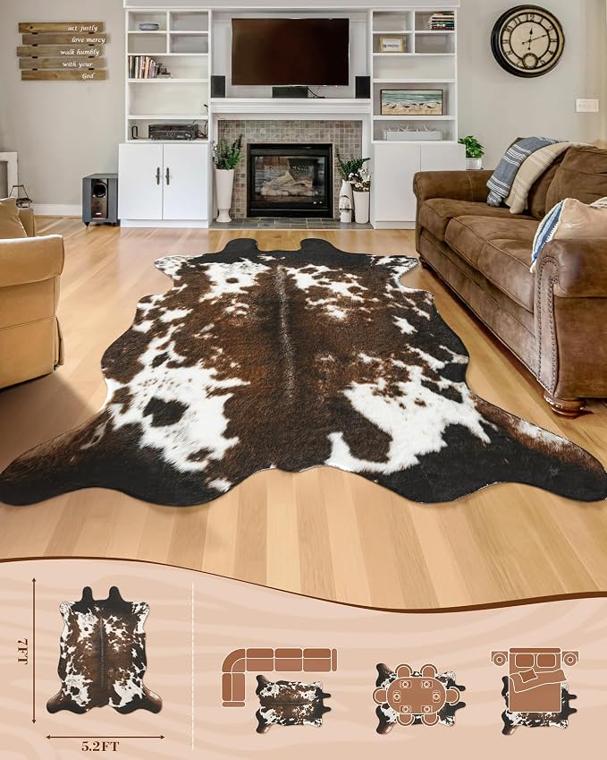 Faux Cowhide Rug, Fluffy Fur 4.6x5.2 Feet Washable Cow Print Rug - Image 5