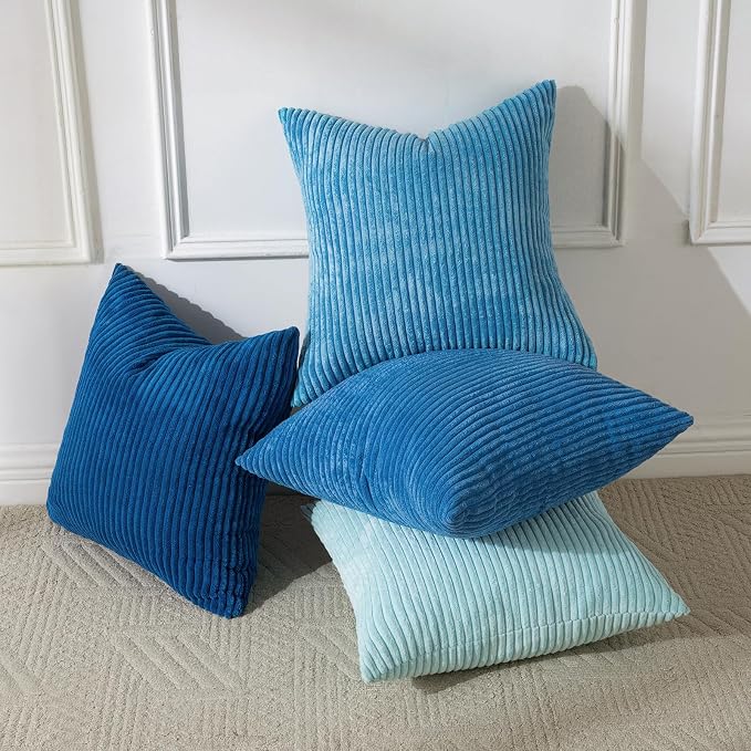 Volcanics Set of 4 Light Blue Corduroy Decorative Couch Throw Pillow Covers - Image 7