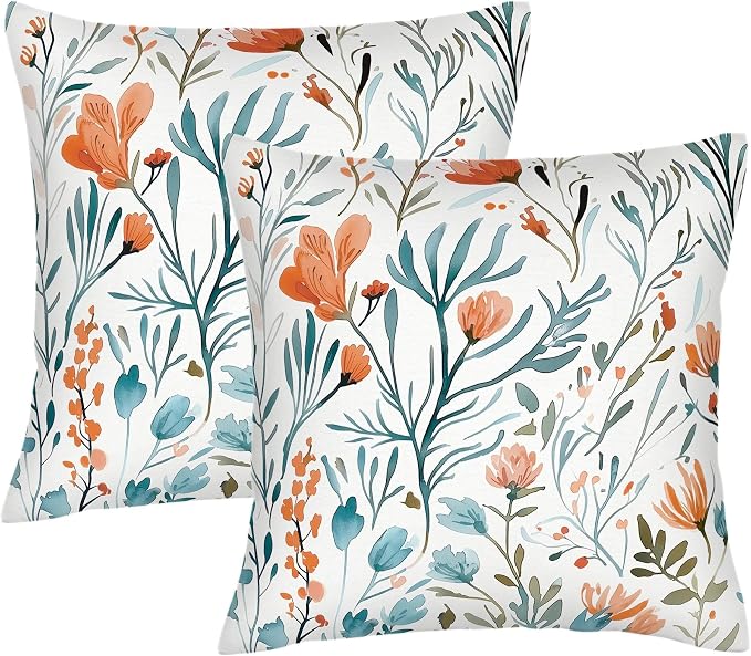 Turquoise Orange Floral Throw Pillows Covers 18x18 in Set of 2, Decorative Teal by Unknown