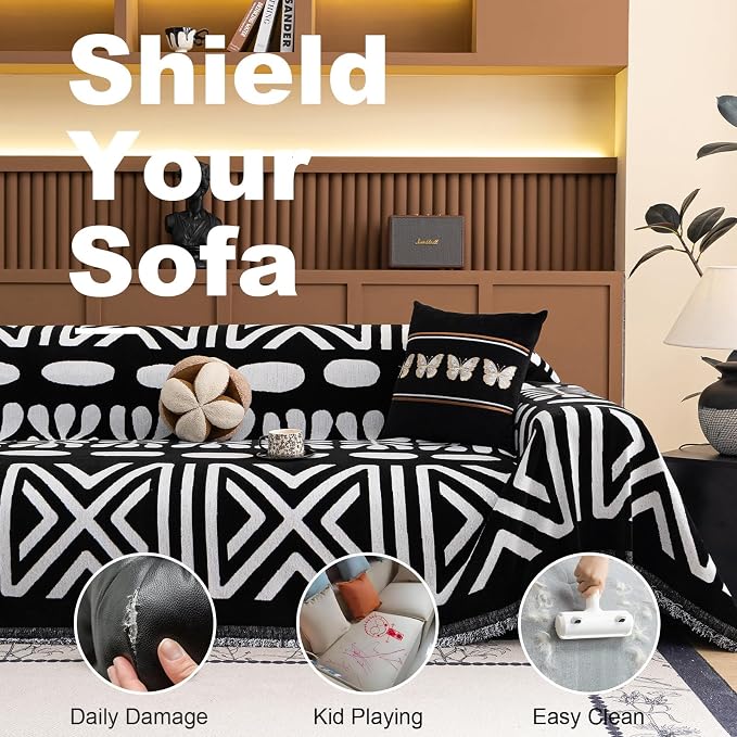 VClife Minimalism Tribal Couch Cover Non Slip White Black Geometric Jacquard - Image 4