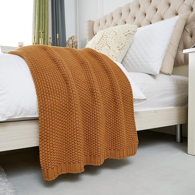Chunky Cable Knit Throw Blanket Lightweight Burnt Orange 100% Organic Cotton - Image 8