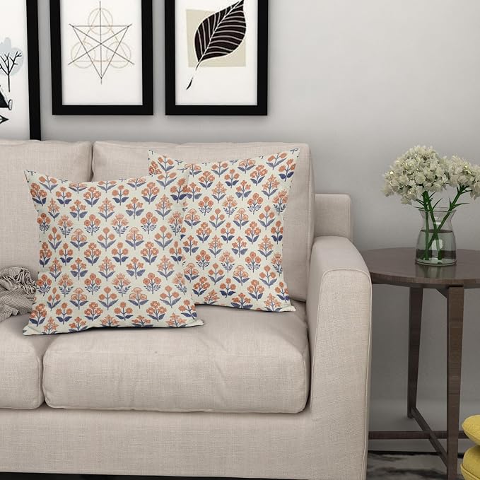 Navy Blue Orange Floral Block Print Pillow Covers 18x18 Inch Set of 2, Fall - Image 7