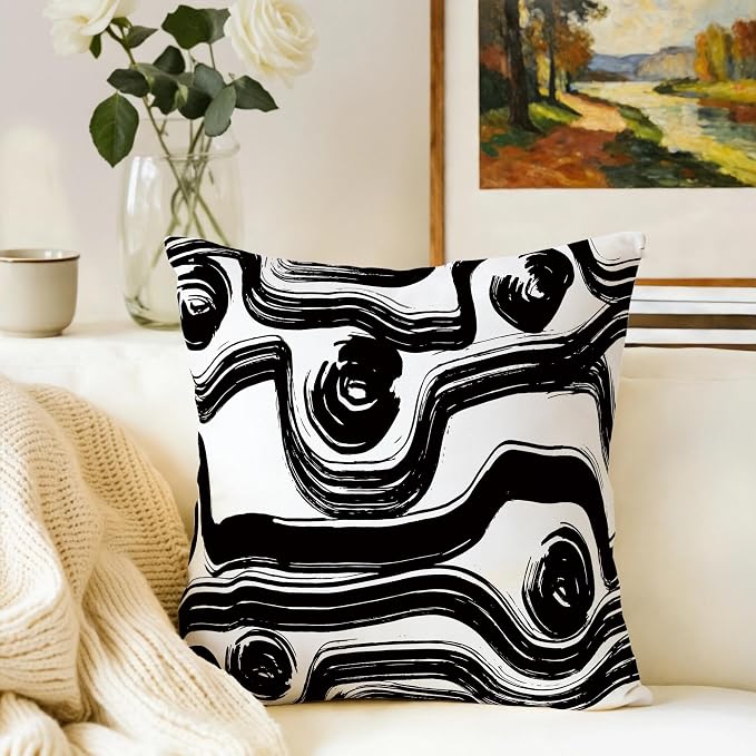 Abstract Black and White Brush Stroke Throw Pillow Covers 18x18 Set of 2 - Image 4