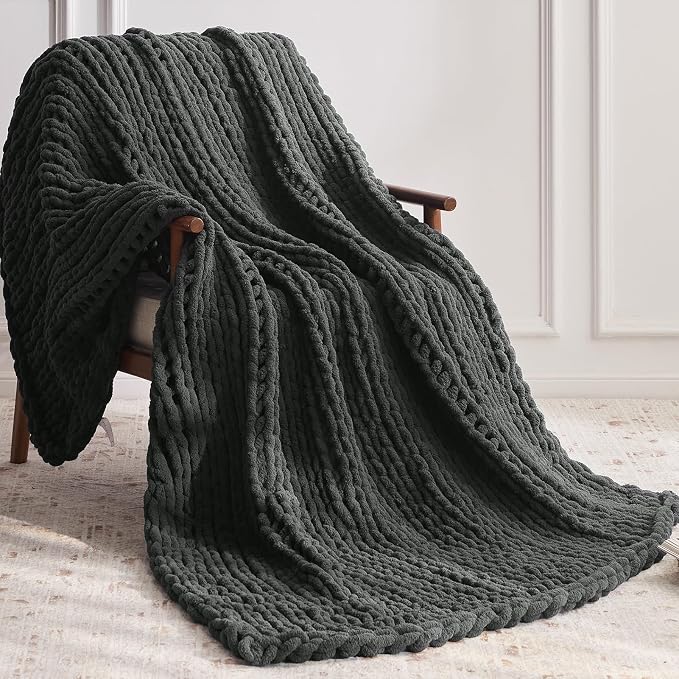 Negwoo Chunky Knit Throw Blanket, Handmade Dark Grey Crochet Big Thick Blanket - Image 2