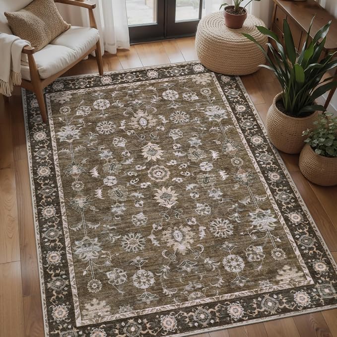 Tangsoo 3x5 Brown Washable Rug, Vintage Throw Entryway Rugs Non Slip, Soft Low - Image 2
