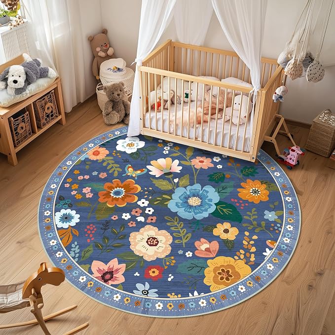RELEANY Floral Nursery 4ft Area Rugs Washable Print Boho Cute Carpet Non Slip - Image 5