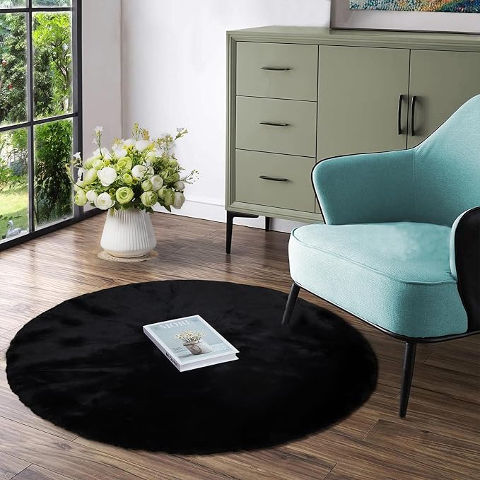 Latepis Fluffy Round Area Rugs 4ft Black Shag Rug Circle Faux Fur Rabbit Rug by Latepis