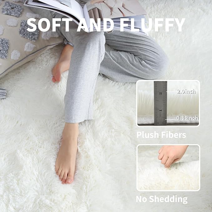 Fluffy 8x10 Large Area Rugs for Bedroom Living Room, Cream White Soft Washable - Image 3