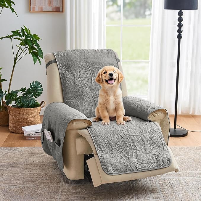 Gray Quilted Recliner Chair Covers, Waterproof Recliner Slipcovers, Lazy Boy by Pamhaven
