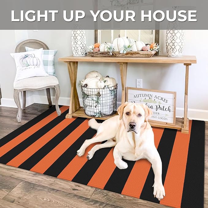 IOHOUZE Fall Door mat 3x5 Ft Orange Black Striped Area Rug Washable Front Porch - Image 4