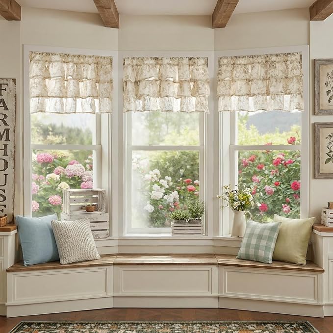 jinchan Amlie Ruffled Floral Valance Curtain Shabby Chic Linen Kitchen Valance - Image 4