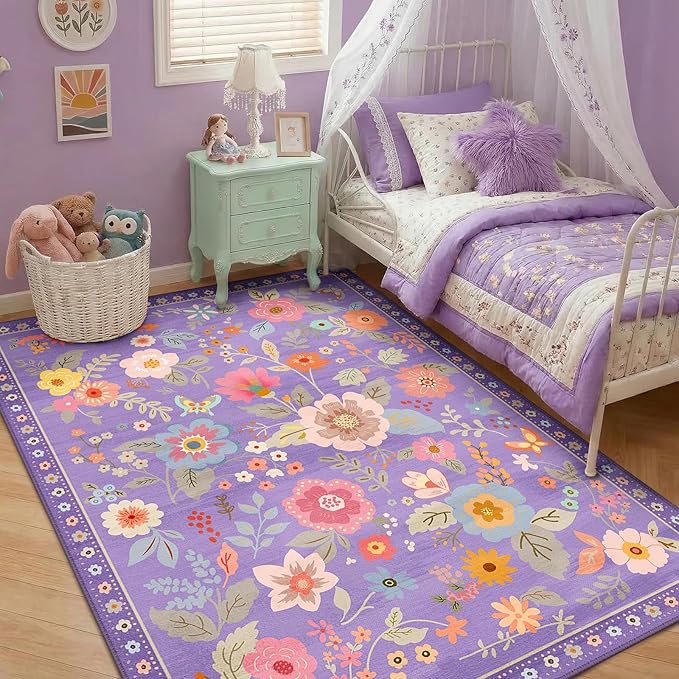 RELEANY Floral Nursery 3x5 Area Rugs Washable Print Boho Cute Carpet Non Slip by RELEANY