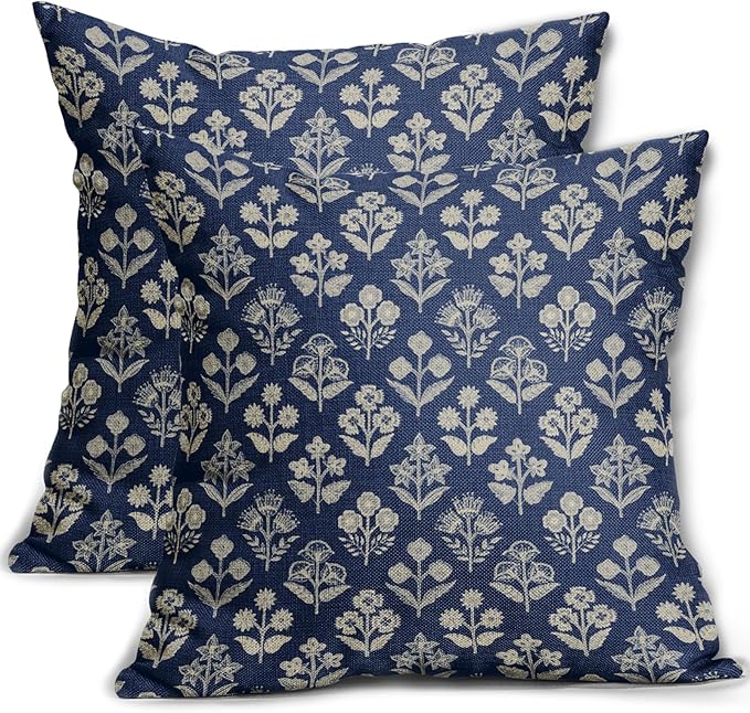 Dark Blue Floral Pillow Covers 24x24 Inch Set of 2, Vintage Flower Block Print by Sivirary