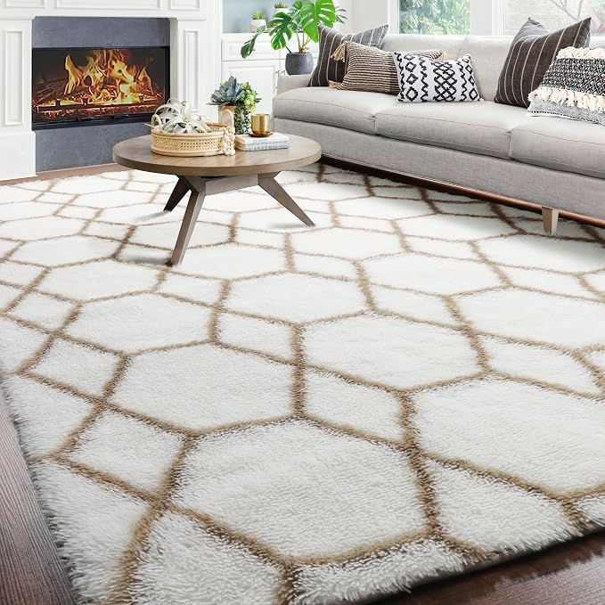 ONASAR 7x9 Area Rugs for Living Room Bedroom, Large Fluffy White and Beige - Image 4