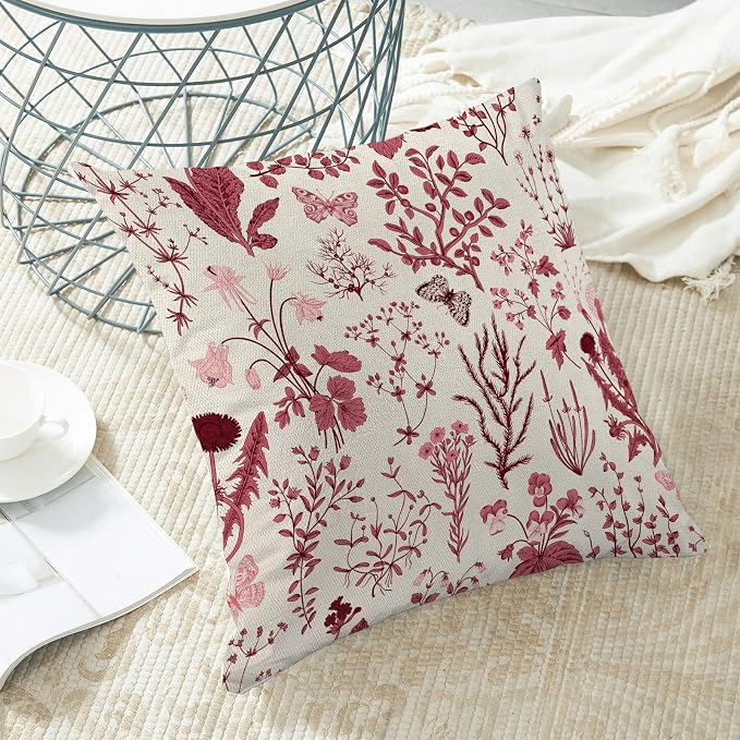 Christmas Pillow Covers 20x20 Inch Set of 2, Burgundy Red Wild Flower Plant - Image 4