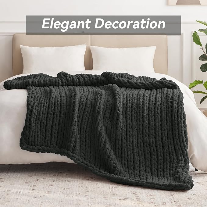 Negwoo Chunky Knit Throw Blanket, Handmade Dark Grey Crochet Big Thick Blanket - Image 3